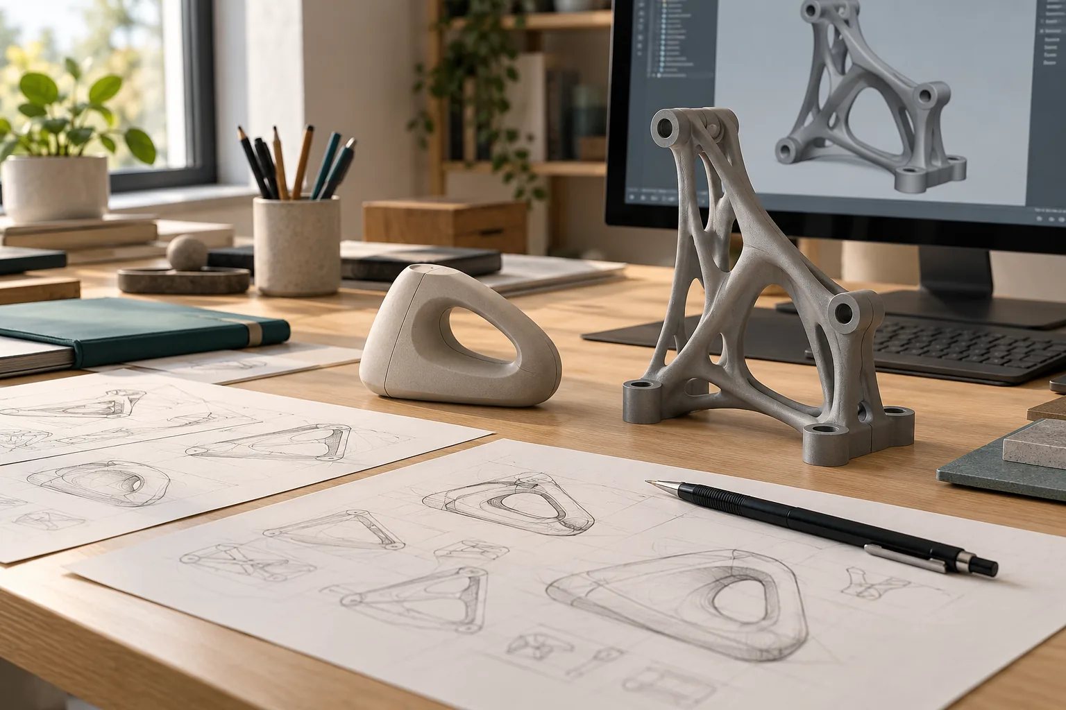 Skissbord med konceptskisser, två prototyper och en CAD-modell på datorskärmen